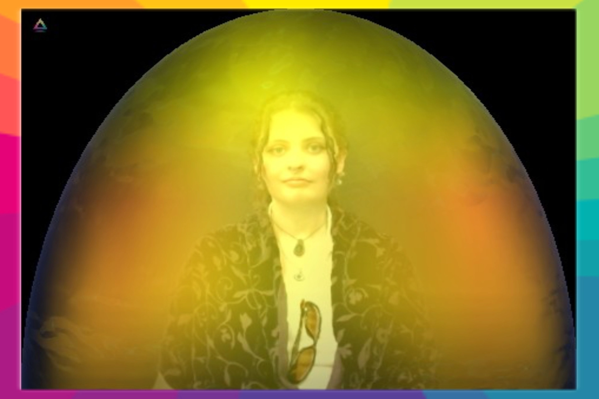 Aura photography image created with AuraCloud 3D technology showing a woman surrounded by a bright yellow and orange energy field.